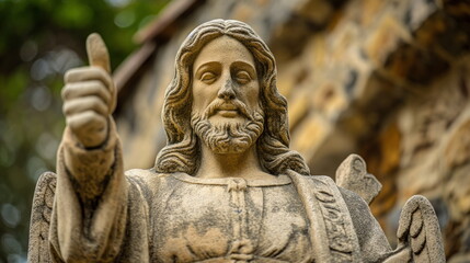 Stone statue of Jesus with a raised thumb, detailed facial features, and draped clothing