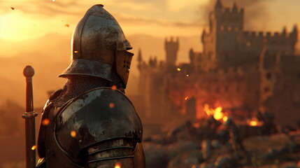 knight in armor gazes toward a distant castle engulfed in flames under the evening sky - obrazy, fototapety, plakaty