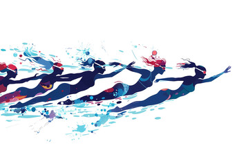 Olympic synchronized swimmers side profile in water blue and pink vector illustration isolated png.