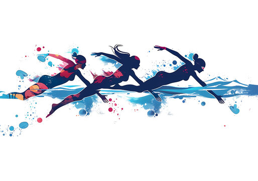 Olympic Synchronized swimmers side profile in water-isolated png watercolor illustration