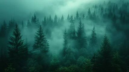 Foto auf Leinwand Dense Fog Engulfs Lush Forest © Ilugram