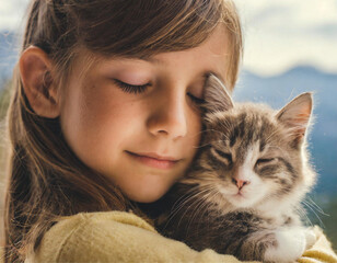 Uma menina, criança, carinhosamente abraçada com um gato. 
