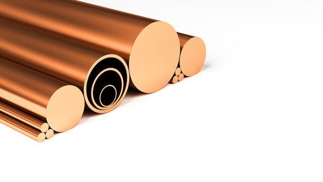 Copper rods and pipes. Isolated. 3d illustration.