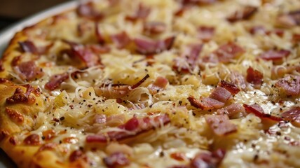 gourmet sauerkraut pizza, with a sourdough crust, mozzarella cheese, crispy bacon bits, and a sprinkle of caraway seeds - obrazy, fototapety, plakaty