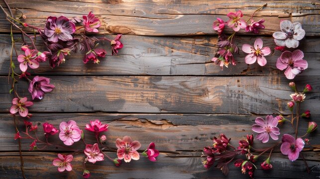 Top view flowers on vintage rustic wood background. AI generated image