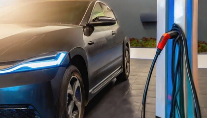 The electric car is parked at the charging station, connected to the power supply with the charging cable. Generated with AI