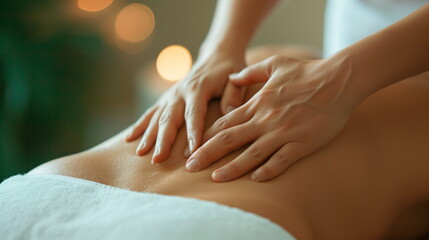 woman lies on a massage table while a massage therapist performs a back massage using professional...