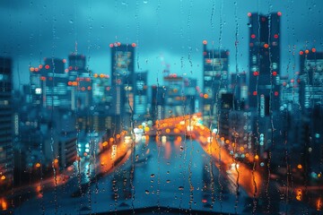 Urban View Through Rain-Covered Window