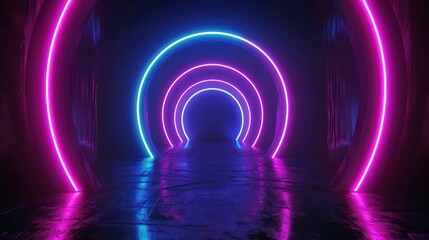 3d render, glowing lines, tunnel, neon lights, virtual reality, abstract background, square portal, arch, pink blue spectrum vibrant colors, laser show Dark room with neon light and podium.