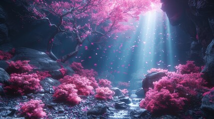 Pink Plants and Rocks in Cave