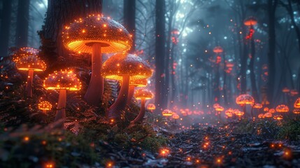 Fantasy Forest Filled With Glowing Mushrooms