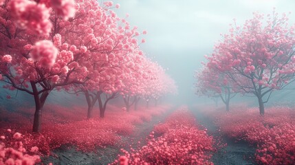 Foggy Landscape With Pink Trees and Flowers