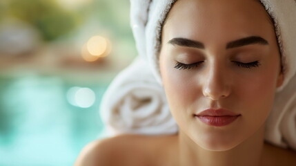 Obraz na płótnie Canvas Woman in luxurious spa, towel on head, closeup portrait, relaxing massage session. Sense of tranquility and anticipation, soothing experience spa environment