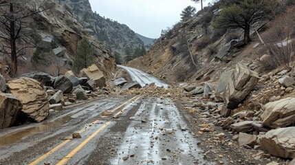 Rockfall on the road. Large rocks of rock fell on the asphalt road. Scattered stones on the road. Rockfall. Automobile sign of falling stones. Watch out for rockfall. Rockfall danger.