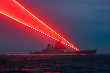Warship at sea firing one or more red laser beams. - obrazy, fototapety, plakaty