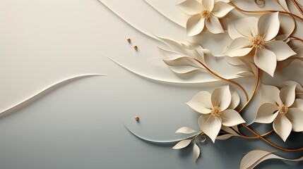 white flowers with gold leaves on white background.