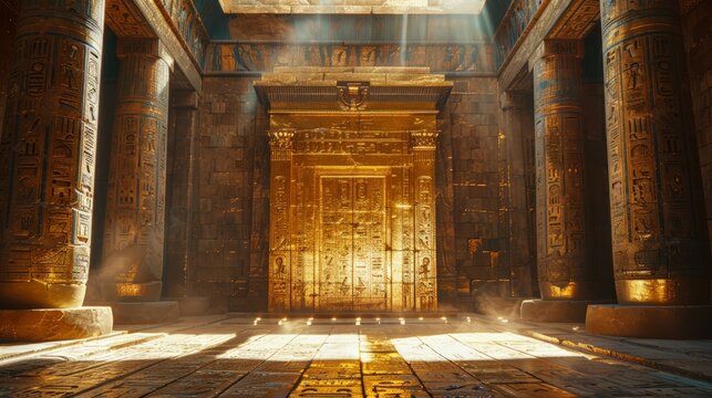 Ancient Egyptian Temple With Columns and Golden Door