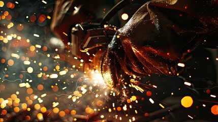 Welder in action with a burst of sparks - obrazy, fototapety, plakaty
