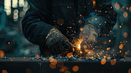 Worker executing welding job with spark burst - obrazy, fototapety, plakaty
