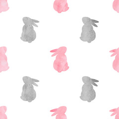 Cute watercolor bunny pattern. Seamless vector background with rabbits silhouettes - 758998624