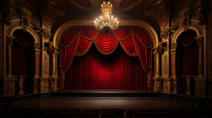 Classic Theater Interior with Red Velvet Curtains and Chandeliers