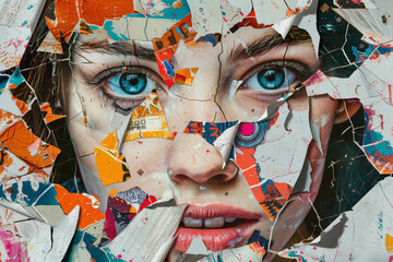 fashion collage of torn paper with colorful  patterns and the face of an attractive woman