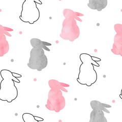 Cute bunny pattern. Seamless vector background with rabbits silhouettes - 758998635
