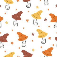 Cute mushrooms with eyes seamless pattern. Funny print - 758998645