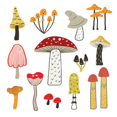 Cartoon mushrooms set. Vector funny mushroom characters with eyes
