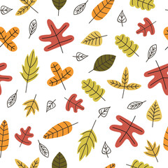 Cartoon Autumn leaves pattern. Vector hand drawn seamless fall background with abstract leaves	 - 758998891