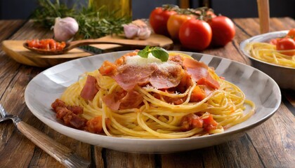 Spaghetti alla Amatriciana with pancetta bacon, tomatoes and pecorino cheese. Generated with AI