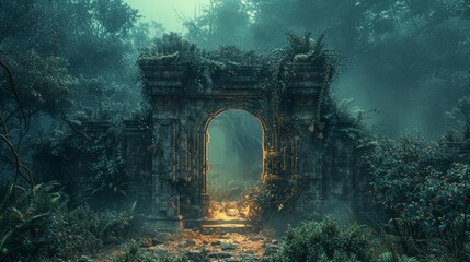 Stone Gate Standing Amidst Dense Forest