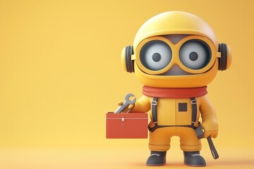 Create a 3D cartoon character of a cute soldier armed with a mini toolbox to combat computer viruses. cute animation
