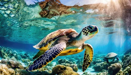 Fotobehang Underwater photographs of swimming sea turtles. Generated with AI © maticsandra