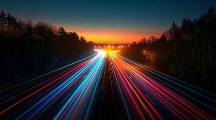 Fototapeta na wymiar Light Trails on Busy Highway at Night