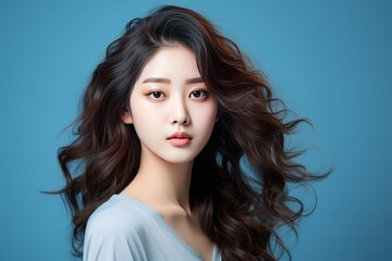 Naklejka premium Beautiful Korean girl with long curly hair on a blue background. Advertising concept for Korean cosmetics and hair care products, shampoos and hair conditioners.