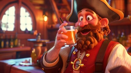 In a captivating 3D cartoon animation, a whimsical pirate enjoys a refreshing beverage. - obrazy, fototapety, plakaty