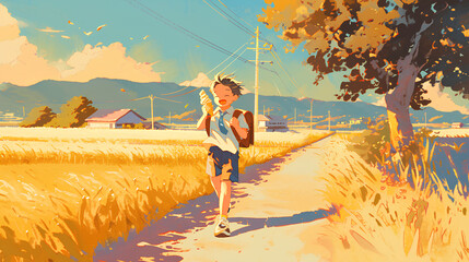 anime Little boy in school uniform wearing a bag. is eating ice cream - obrazy, fototapety, plakaty