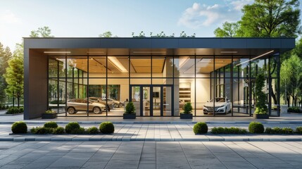 Building of official luxury car dealer and service. Glass Office. - obrazy, fototapety, plakaty