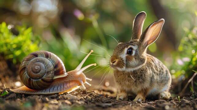 The curious expression on a snails face as it zooms past a baffled rabbit cute