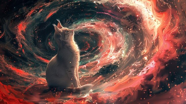 The space cat getting caught in a mesmerizing swirl of cosmic energy its fur standing on end as it gazes in wonder. 3d isomatic