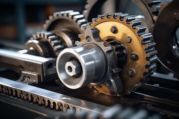 Close-up shot of a chain tensioner amidst the complex machinery in a bustling industrial environment