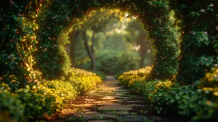 Deurstickers Lush Pathway Surrounded by Bushes and Trees © Ilugram