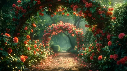 Tuinposter Enchanted Forest Path With Blooming Flowers © Ilugram