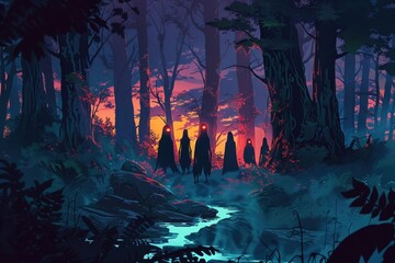 A charmingly animated scene of the undead gradually stepping out from the gloom into a spooky yet quaint forest. - obrazy, fototapety, plakaty