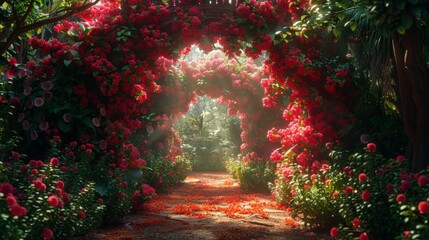 Lush Garden With Abundance of Red Flowers and Greenery