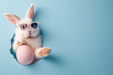 Fototapeta premium Easter bunny rabbit wearing sunglasses with Easter egg peeping outside the rabbit hole on blue background