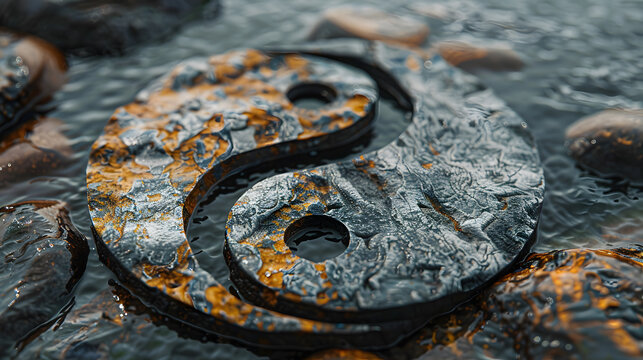 A close up of a yin yang symbol on a rock in the water, with a scaled reptile crawling nearby. The image captures the harmony between terrestrial animals and nature in macro photography