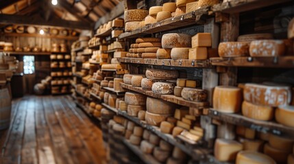 Room With Shelves Filled With Cheese - obrazy, fototapety, plakaty