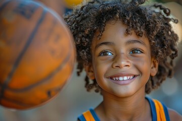 Young Boy With Curly Hair Holding Basketball